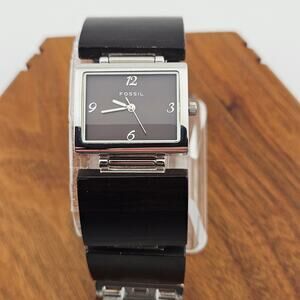 Fossil Women's Silver Tone Wood Look Link Band Bold Art Deco Eclectic ES-1540